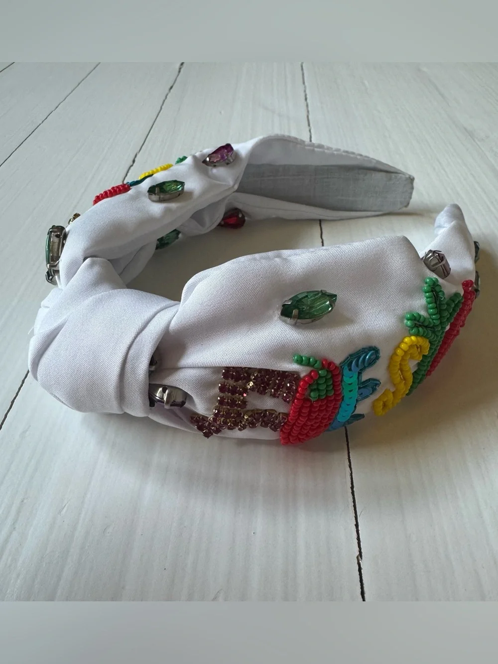 Boutique Fiesta Beaded Knotted Headband White Multicolor Jeweled NWOT